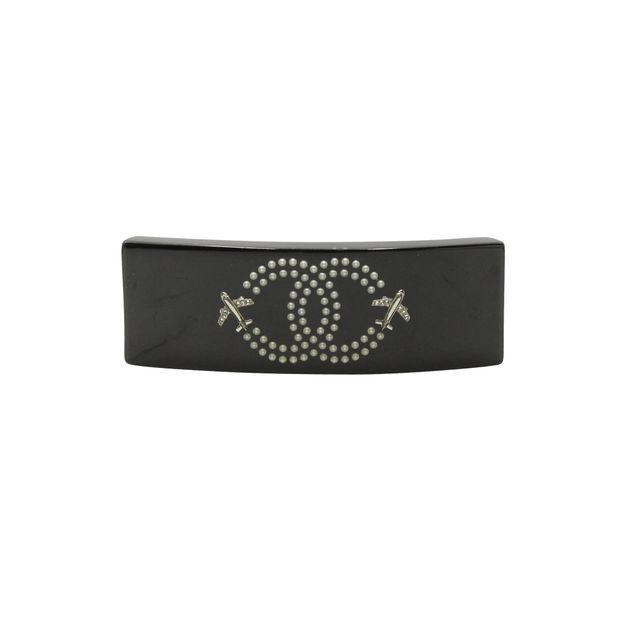 Luxury Chanel Black Hair Barrette With Pearl Cc Logo & Gold Planes