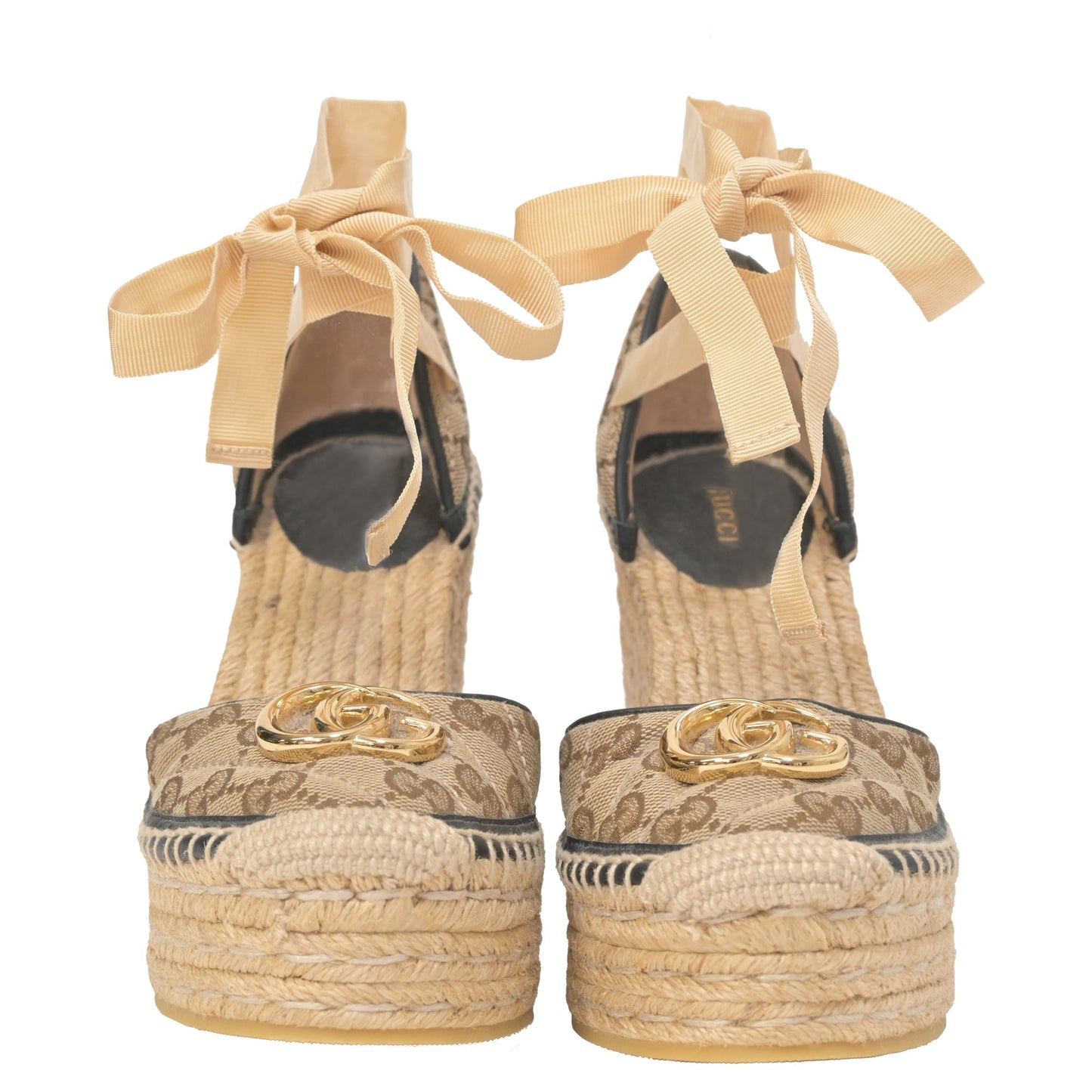 Luxury Gucci Trending 2025 GG Ankle Tie Platform Espadrille Wedges in Beige Canvas