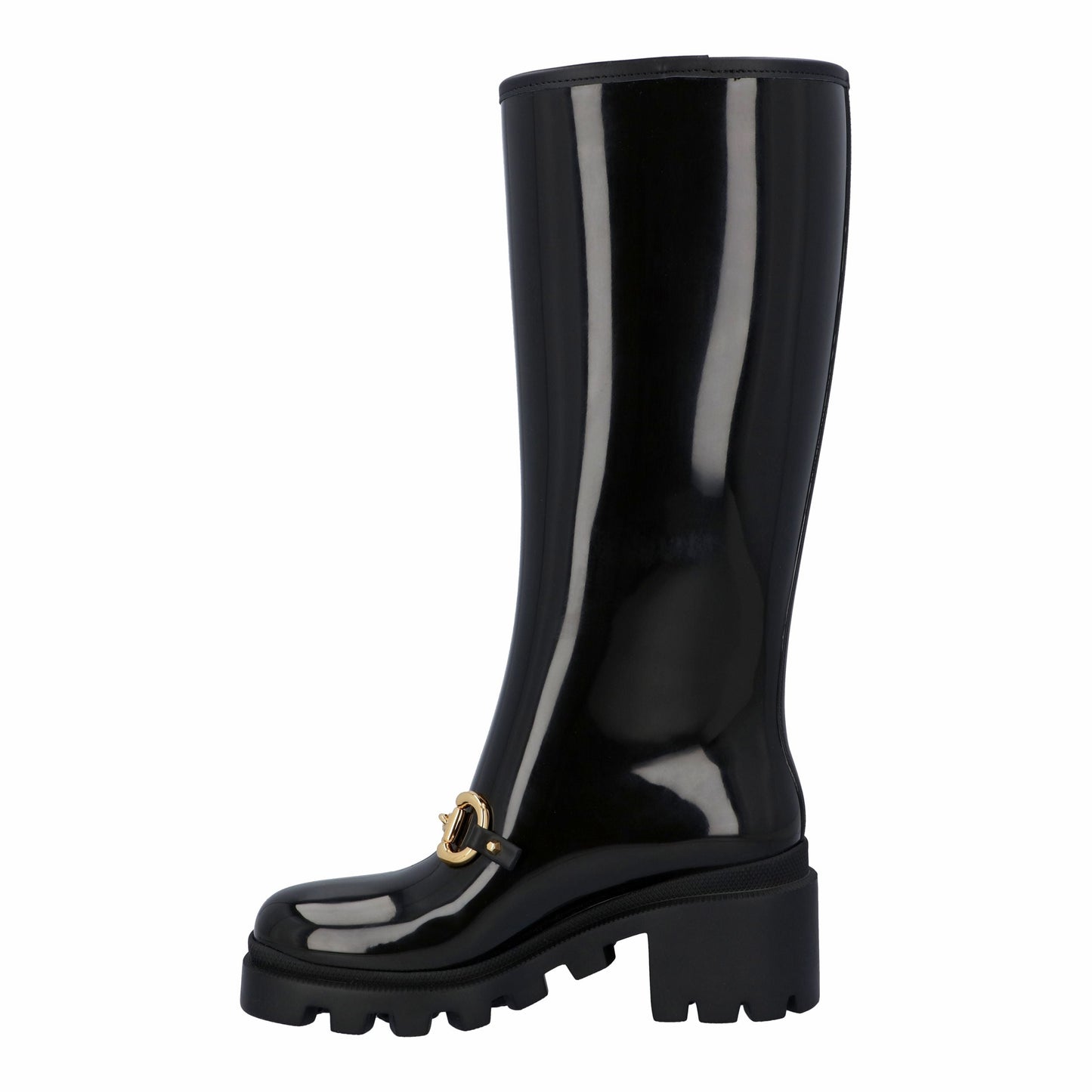 Luxury Gucci Trending 2025 Women Knee-High Rubber Boot With Horsebit In Black Leather