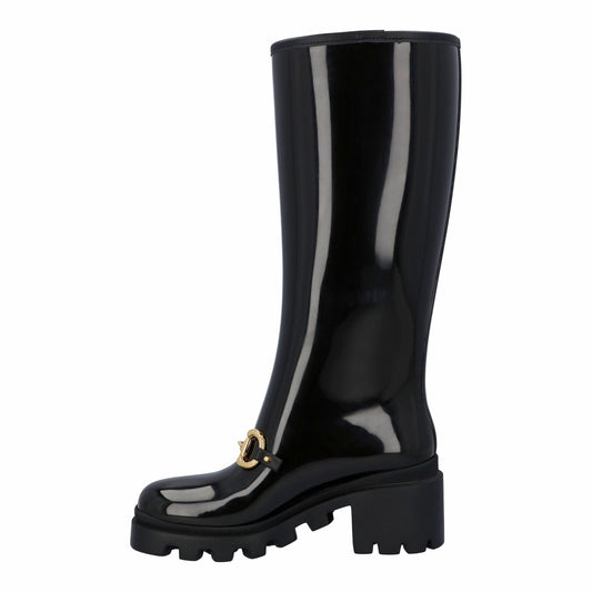 Luxury Gucci Trending 2025 Women Knee-High Rubber Boot With Horsebit In Black Leather