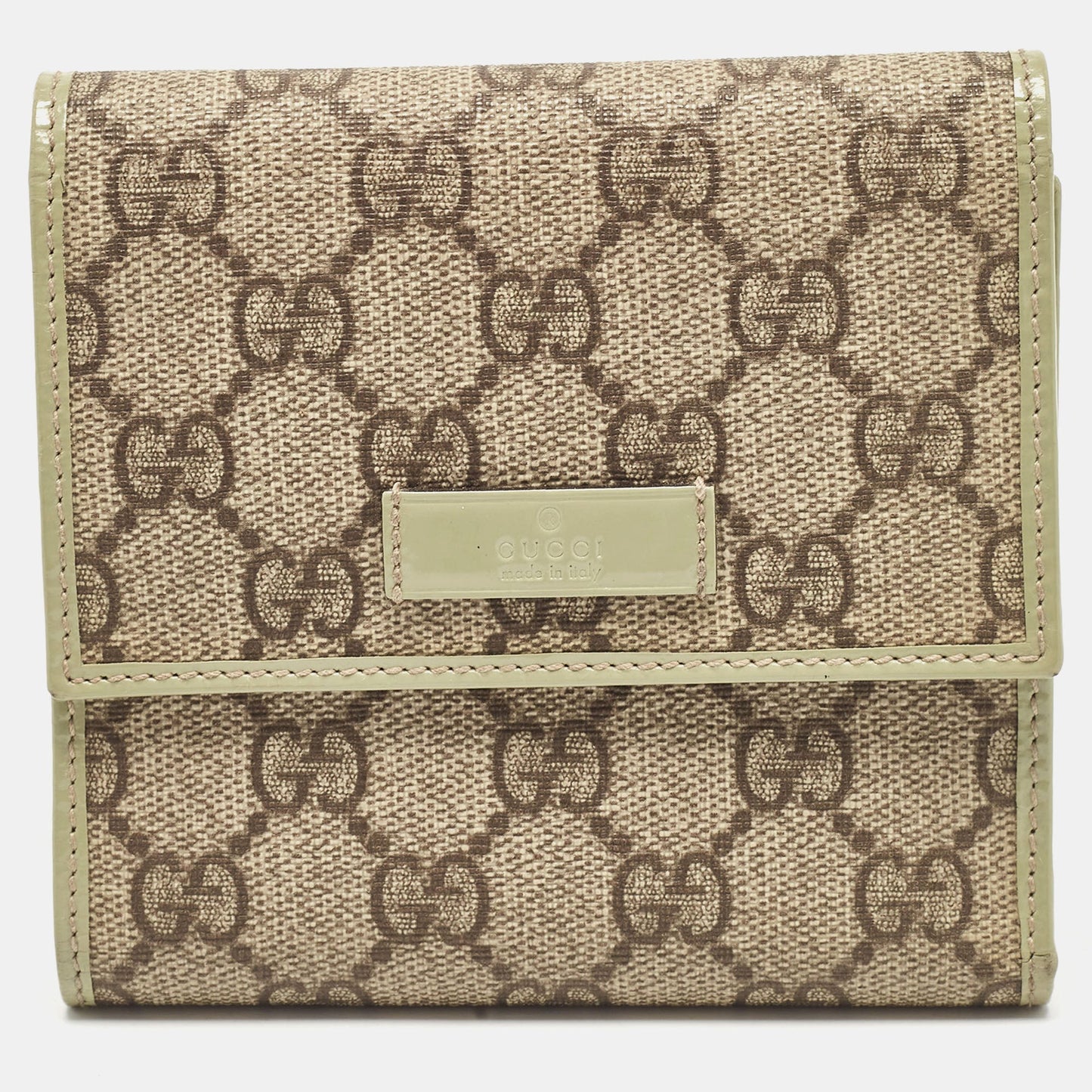 Luxury Gucci Trending 2025 Beige/Green Supreme Canvas and Patent Leather Trifold Compact Wallet