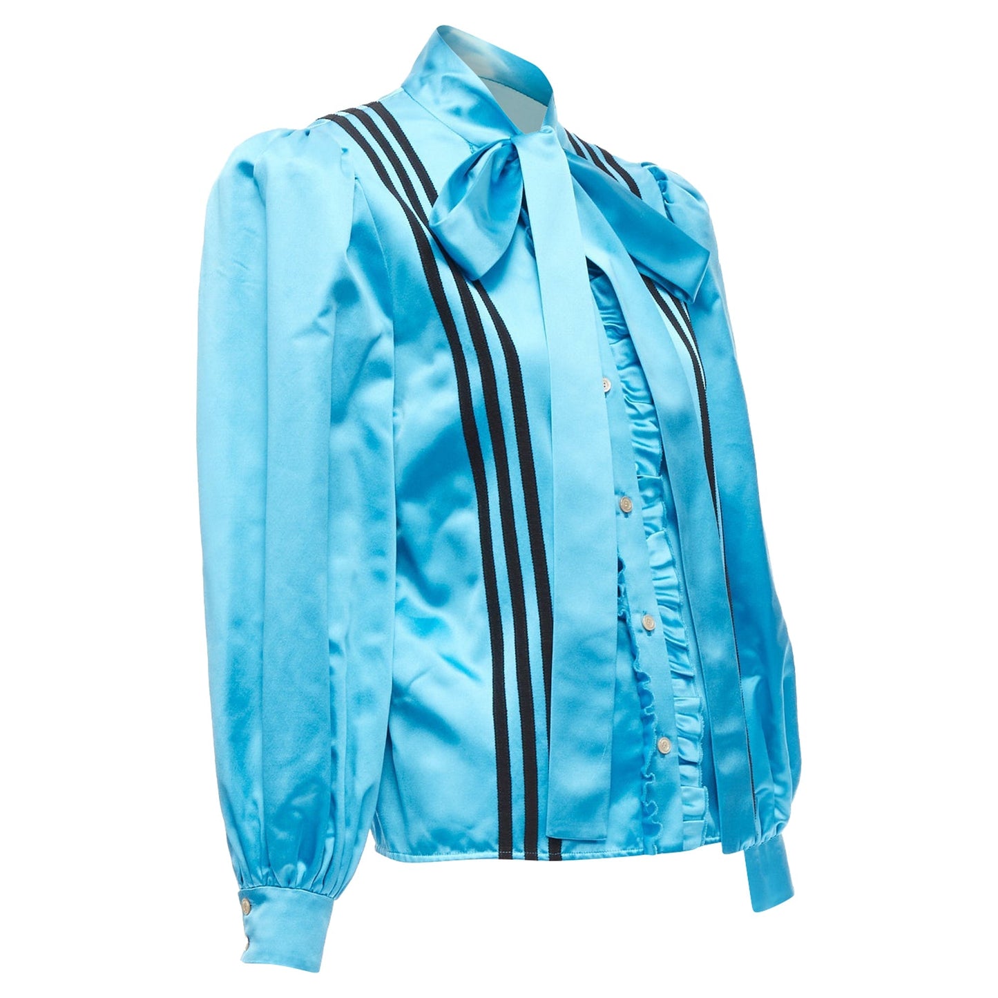 Gucci Adidas silk stripe bow Victorian puff sleeve blouse