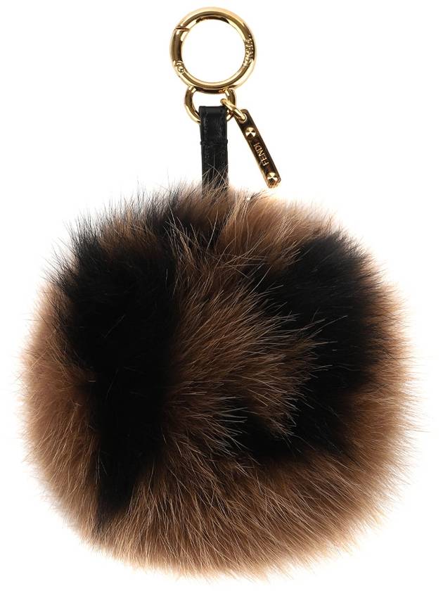 Luxury Fendi Pom Pom Fur Leather Key Holder Brown