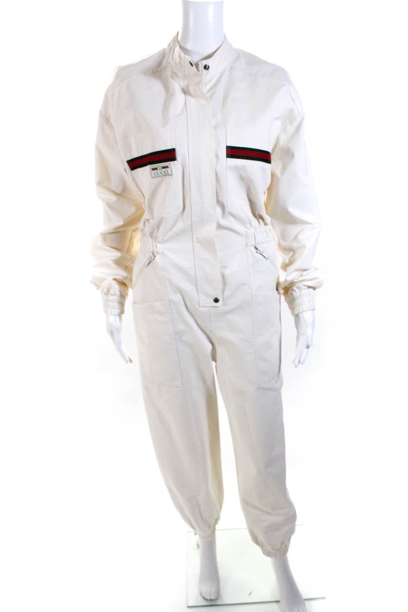 Gucci Womens Le Rose Di Eliogabalo Web Stripe Utility Jumpsuit Ivory