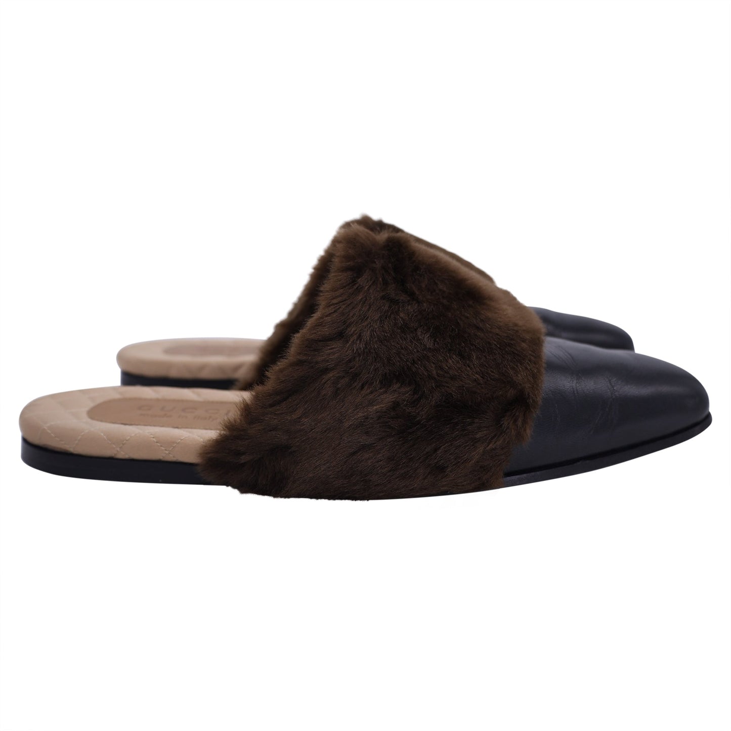 Luxury Gucci Trending 2025 Mule Slippers in Black and Brown Leather And Faux Fur