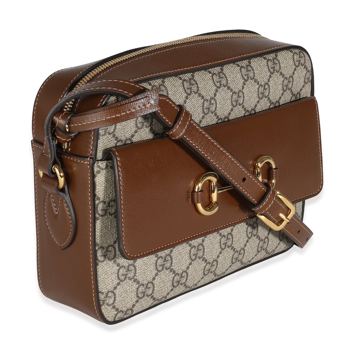 Gucci Beige Brown GG Supreme Monogram Small Horsebit 1955 Shoulder Bag