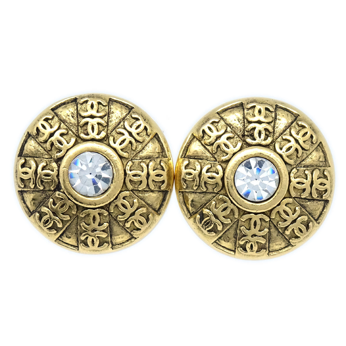 Luxury Chanel Button Rhinestone Earrings Clip-On Gold 23