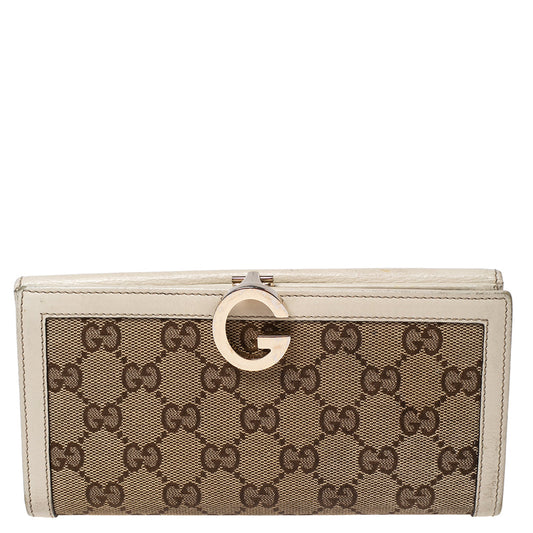 Luxury Gucci Trending 2025 White/beige Gg Canvas And Leather G Bit Flap Continental Wallet..