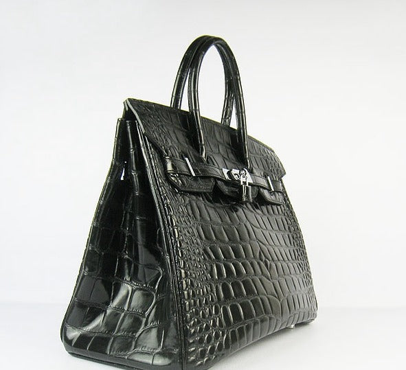 Luxury Hermes Birkin 35cm Crocodile Big Veins Handbags Black Silver