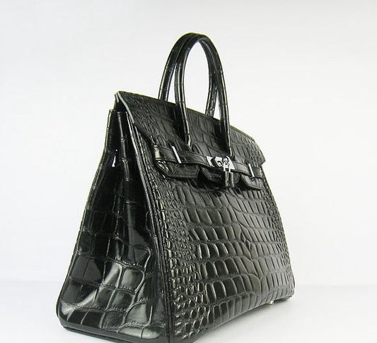 Luxury Hermes Birkin 35cm Crocodile Big Veins Handbags Black Silver