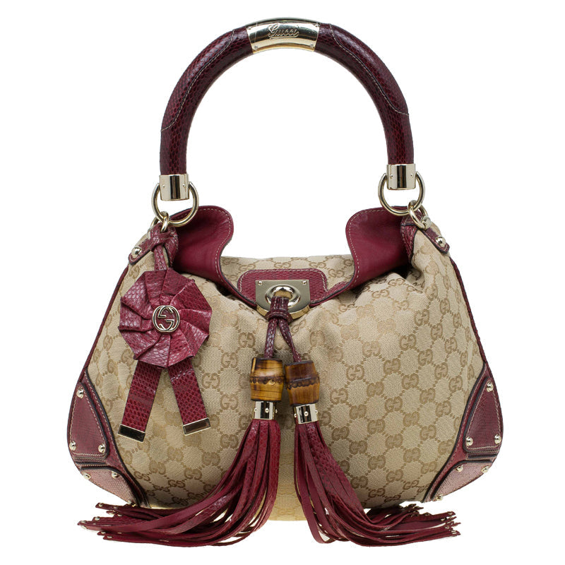 Luxury Gucci Trending 2025 Beige/Red GG Canvas and Python Medium Indy Top Handle Bag