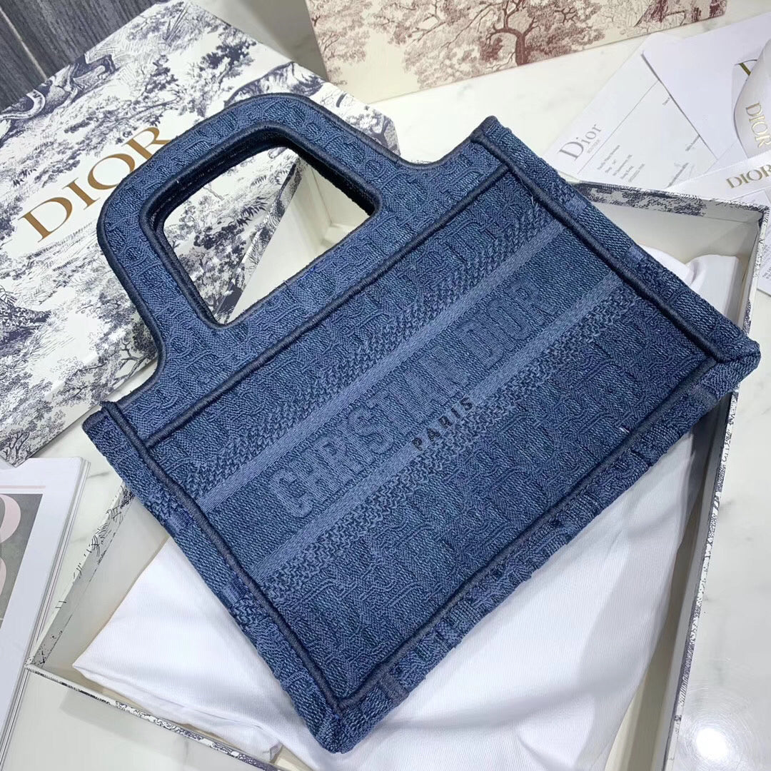 Luxury DiorMini Book Tote Bag In Denim Blue Oblique Canvas