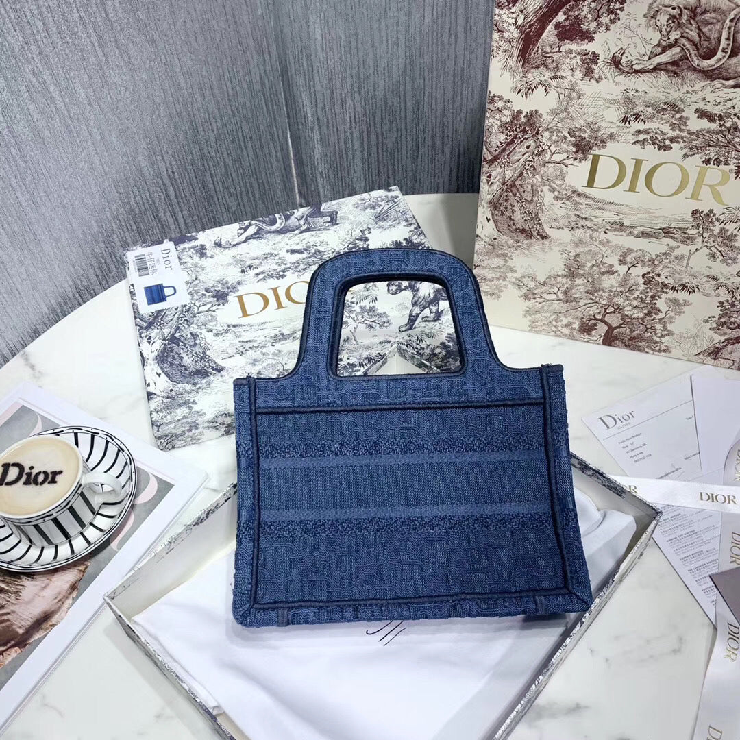 Luxury DiorMini Book Tote Bag In Denim Blue Oblique Canvas