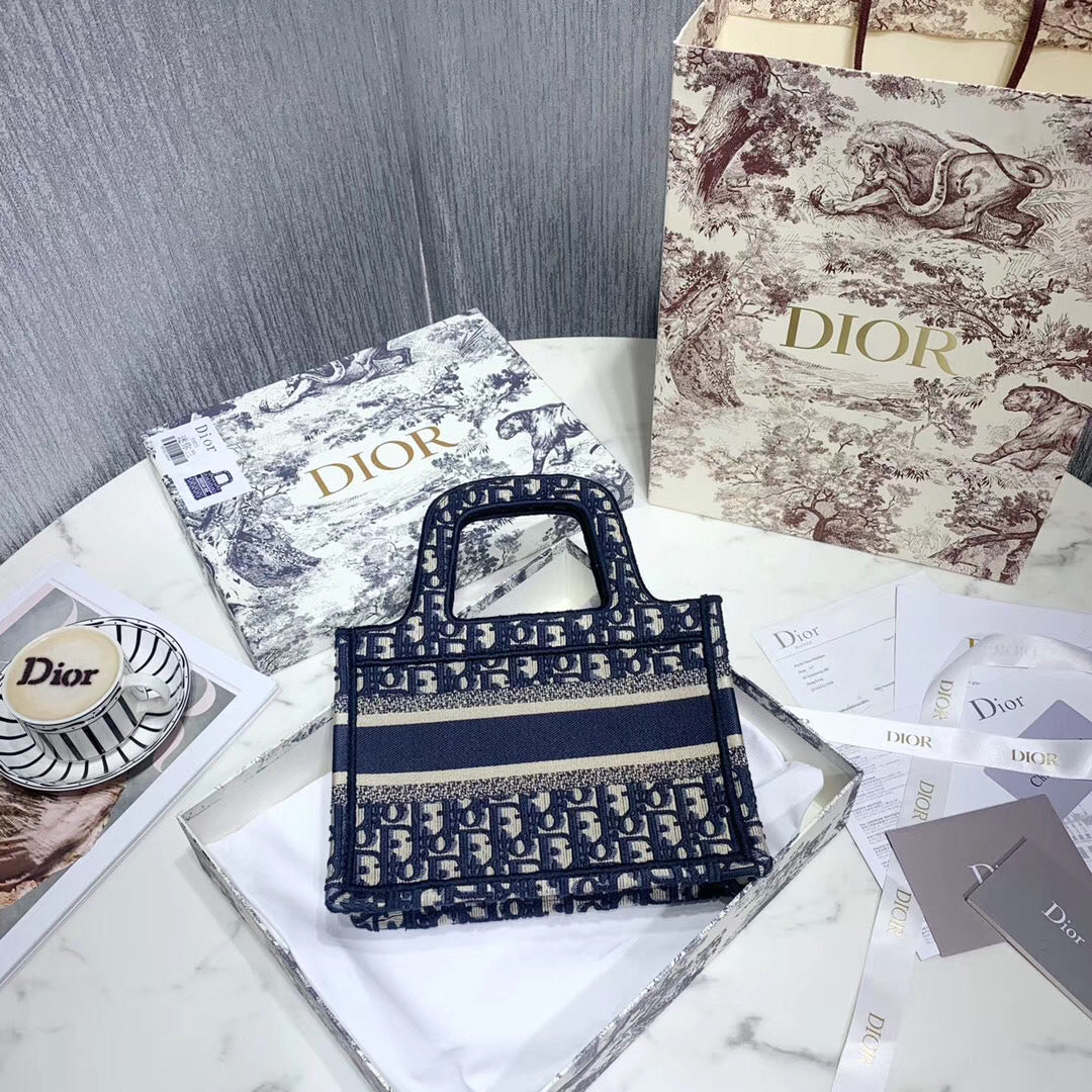 Luxury DiorMini Book Tote Bag In Blue Oblique Canvas