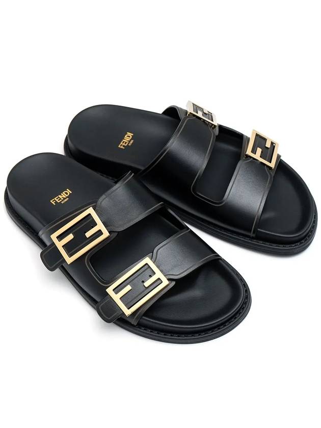 Luxury Fendi Women's FF Leather Fill Flat Sandals Slippers Black