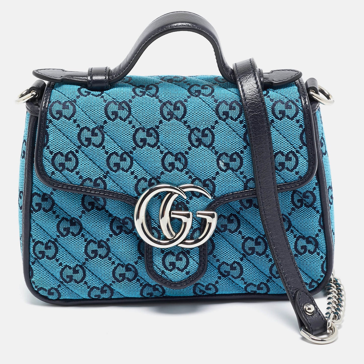 Luxury Gucci Trending 2025 Blue Canvas GG Diagonal Quilt Canvas and Leather Mini GG Marmont Top Handle Bag