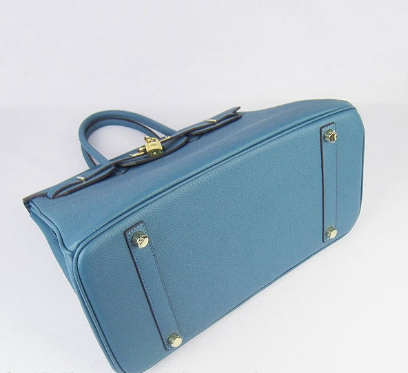 Luxury Hermes Birkin 35cm Cattle Skin Vein Handbags Blue Golden