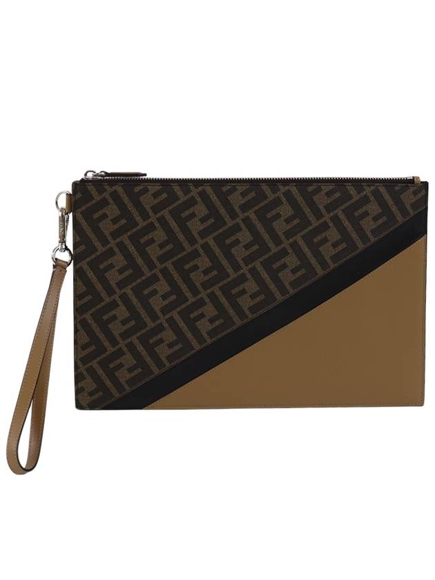 Luxury Fendi Men's Diagonal Flat Pouch Clutch Bag Brown