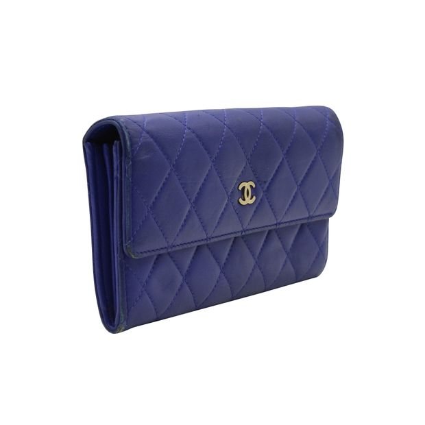 Luxury Chanel Blue Quilted Caviar Leather Wallet
