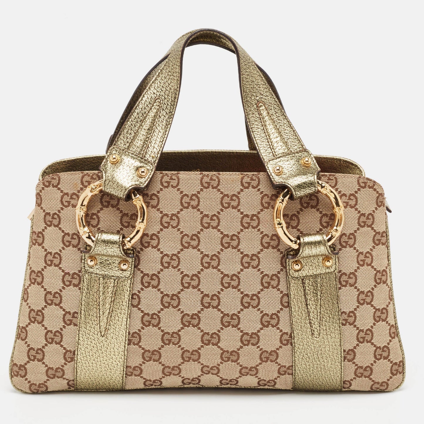 Luxury Gucci Trending 2025 Metallic/Beige GG Canvas and Leather Bamboo Ring Satchel