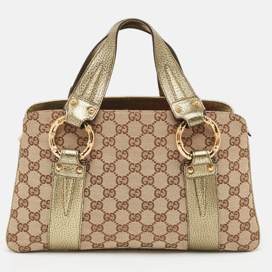 Luxury Gucci Trending 2025 Metallic/Beige GG Canvas and Leather Bamboo Ring Satchel