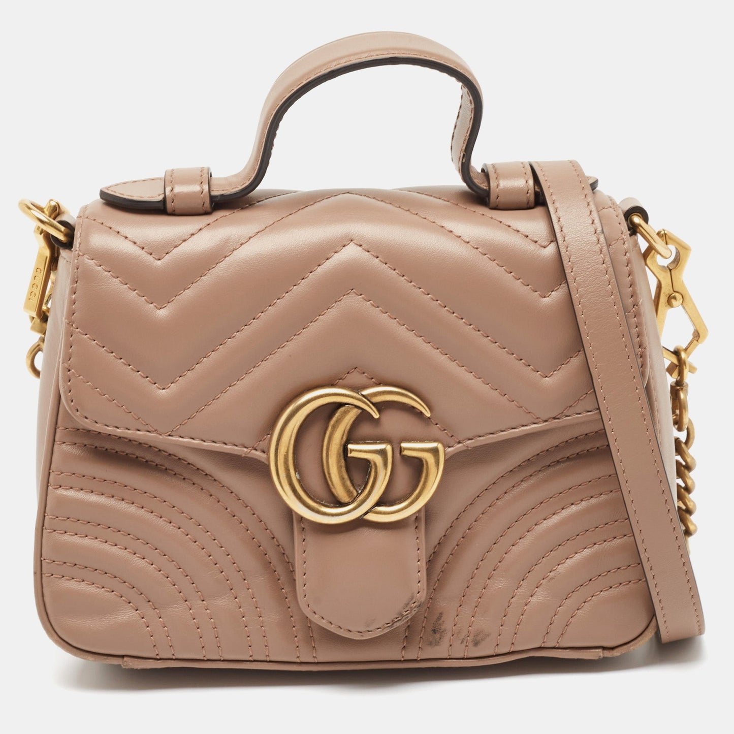 Luxury Gucci Trending 2025 Beige Matelasse Leather Mini GG Marmont Top Handle Bag