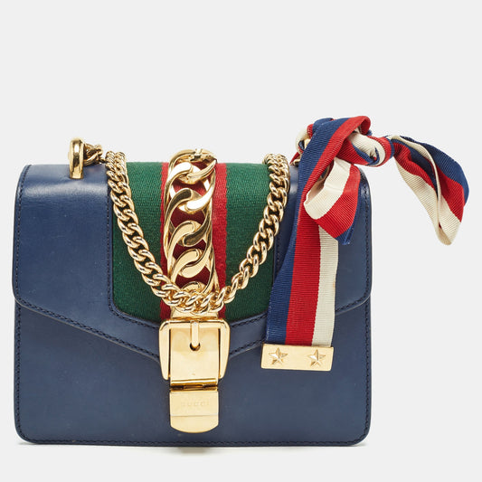 Luxury Gucci Trending 2025 Blue Leather Mini Web Chain Sylvie Crossbody Bag