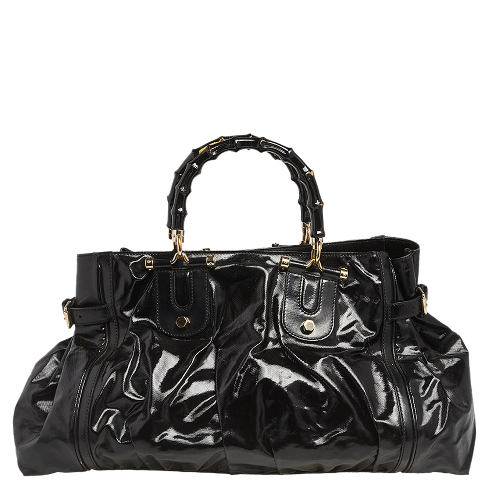 Luxury Gucci Trending 2025 Black Coated Canvas and Leather Dialux Pop Bamboo Satchel