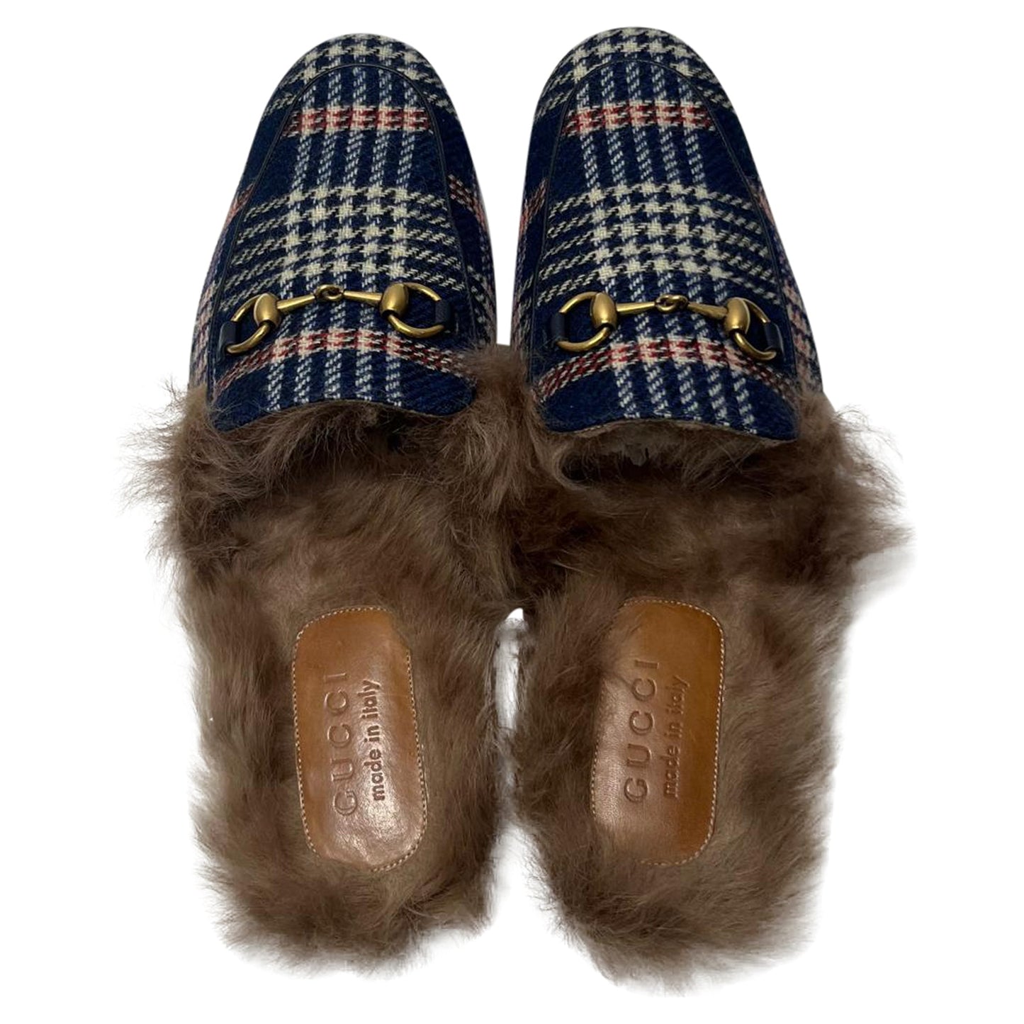 Gucci Princetown Plaid Fur Trim Mules in Blue Canvas
