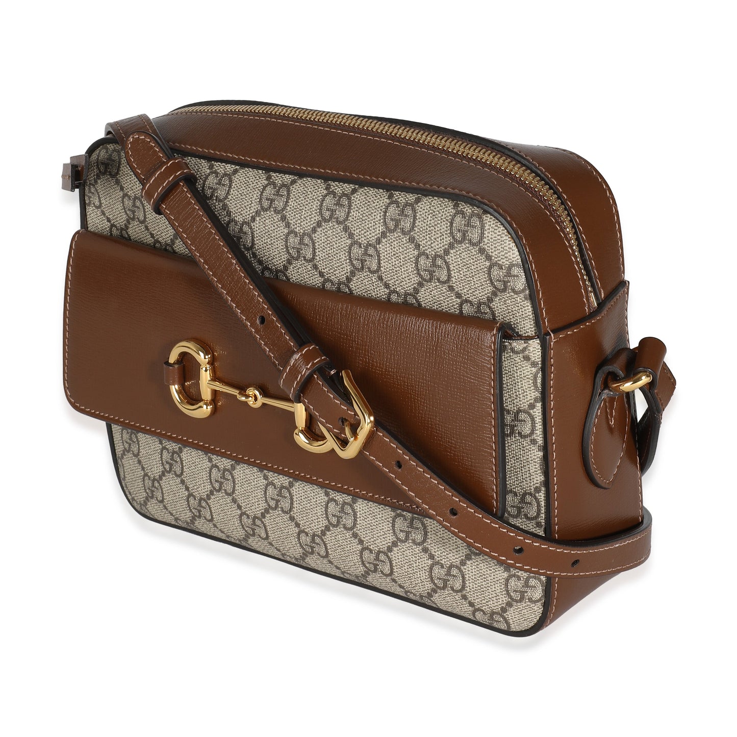 Gucci Beige Brown GG Supreme Monogram Small Horsebit 1955 Shoulder Bag