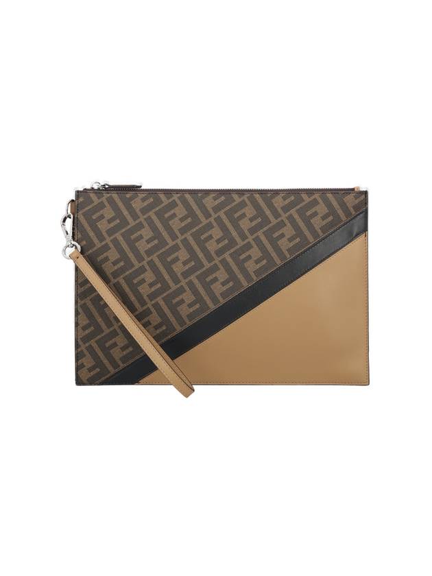 Luxury Fendi Men's Diagonal Flat Pouch Clutch Bag Brown
