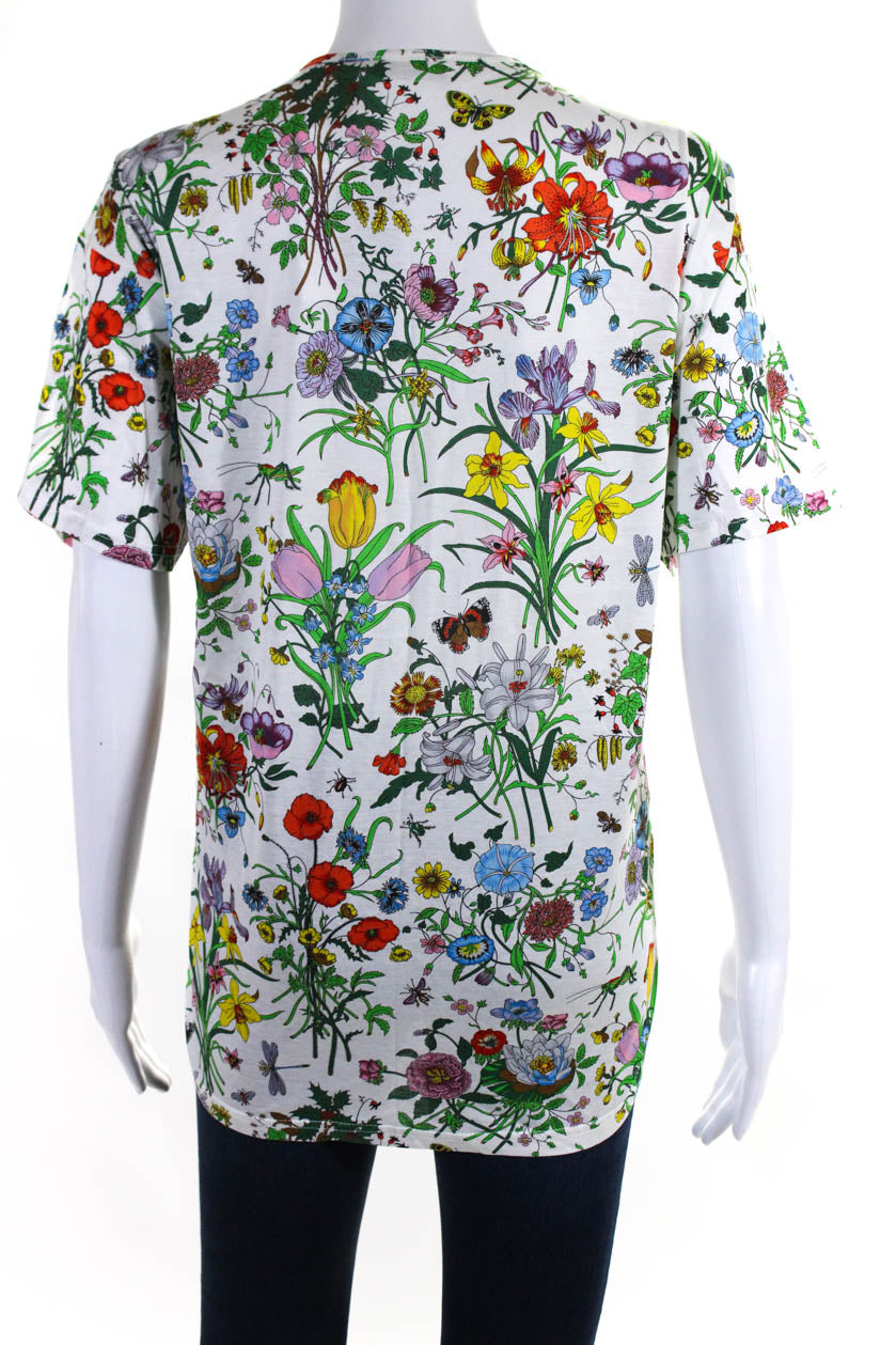 Gucci Womens Cotton Floral Round Neck Short Sleeve Pullover Top White