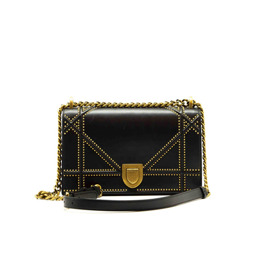 Luxury Dior Black Leather Medium Studded Luxury Diorama Shoulder Bag