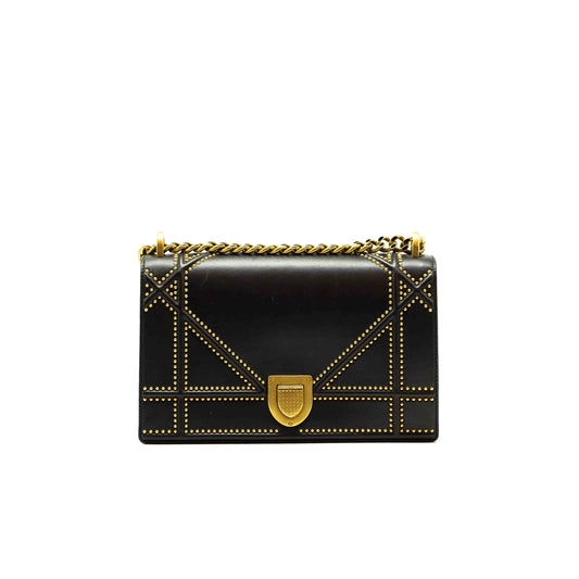 Luxury Dior Black Leather Medium Studded Luxury Diorama Shoulder Bag