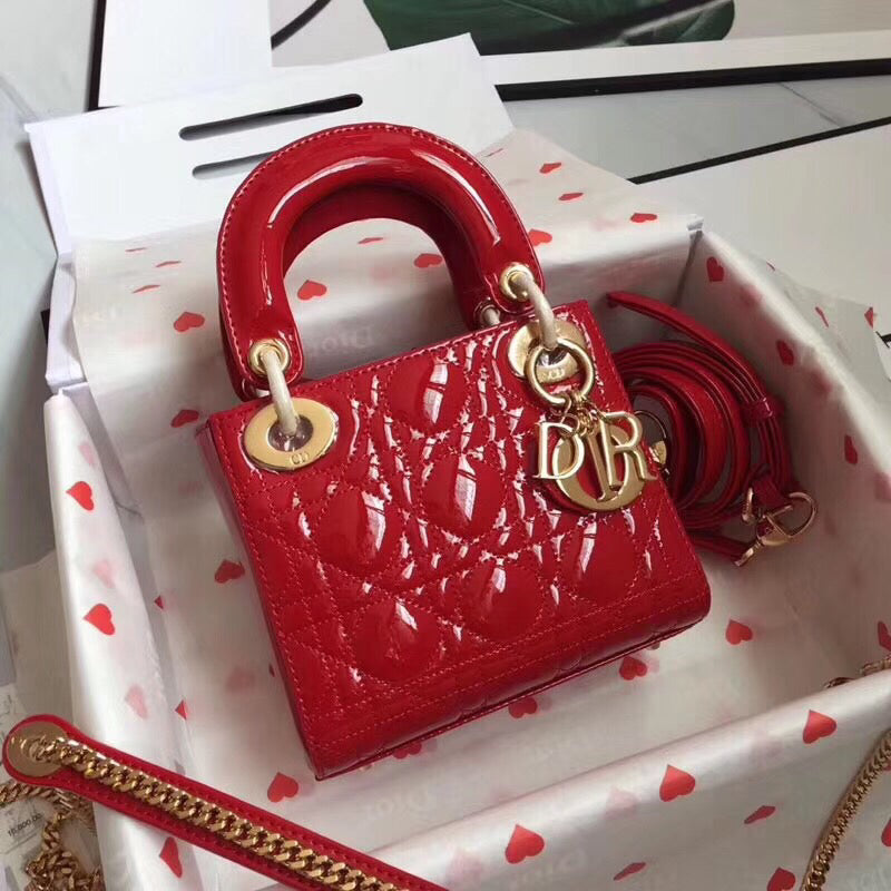 Luxury DiorRed Patent Mini Lady Luxury DiorBag With Chain