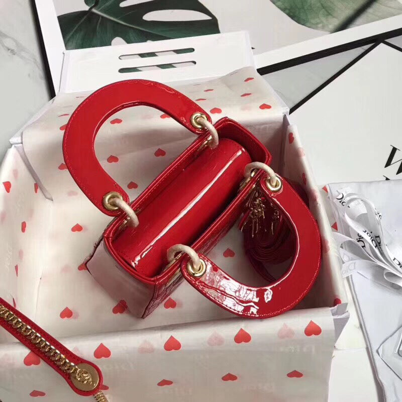 Luxury DiorRed Patent Mini Lady Luxury DiorBag With Chain