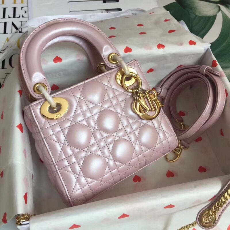 Luxury DiorLotus Pearly Lambskin Mini Lady Luxury DiorBag With Chain
