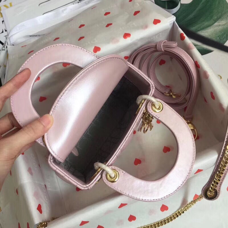 Luxury DiorLotus Pearly Lambskin Mini Lady Luxury DiorBag With Chain