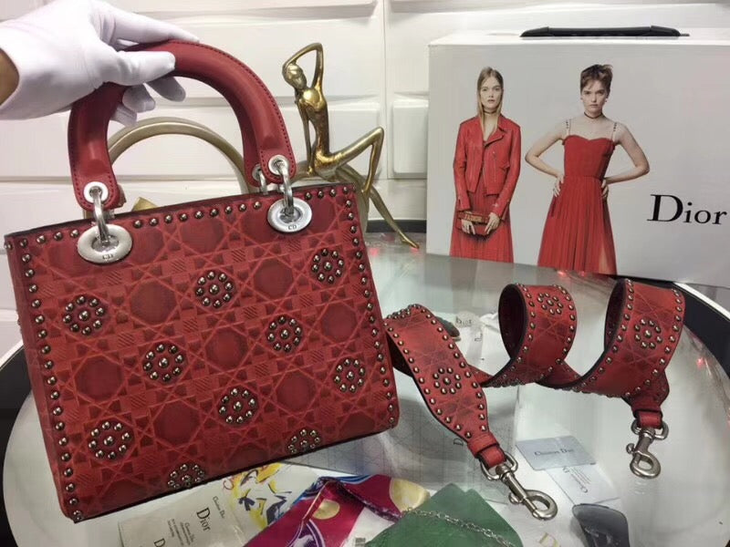 Luxury DiorMedium Lady Luxury DiorBag In Red Studded Calfskin