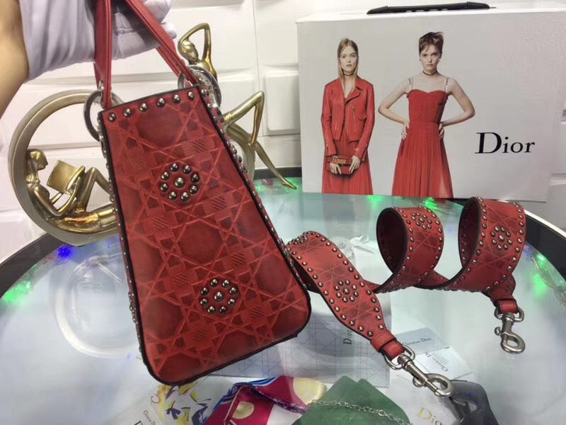 Luxury DiorMedium Lady Luxury DiorBag In Red Studded Calfskin
