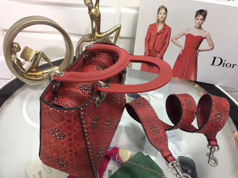 Luxury DiorMedium Lady Luxury DiorBag In Red Studded Calfskin