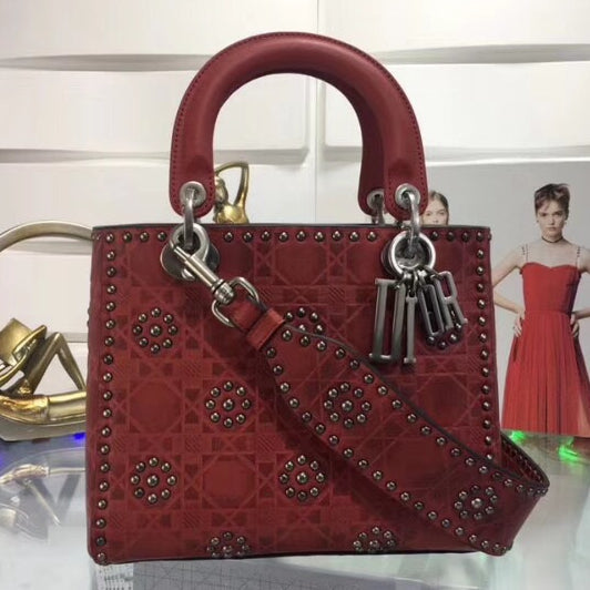 Luxury DiorMedium Lady Luxury DiorBag In Red Studded Calfskin