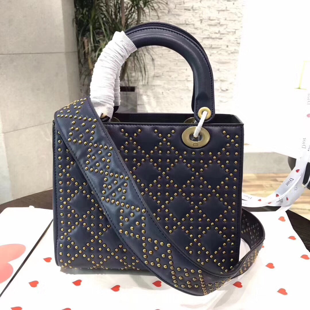 Luxury DiorMedium Supple Lady Luxury DiorBag In Navy Studded Calfskin