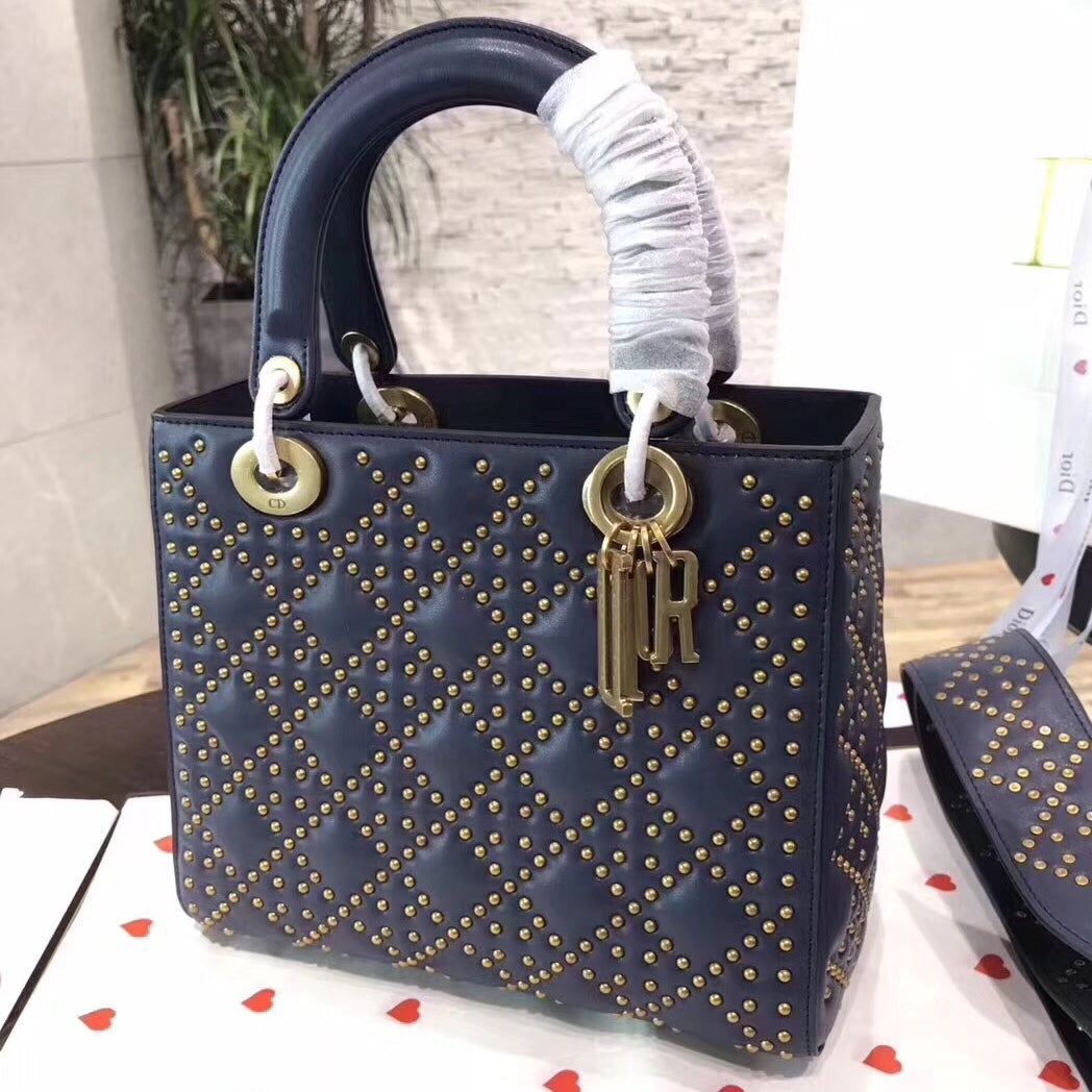 Luxury DiorMedium Supple Lady Luxury DiorBag In Navy Studded Calfskin