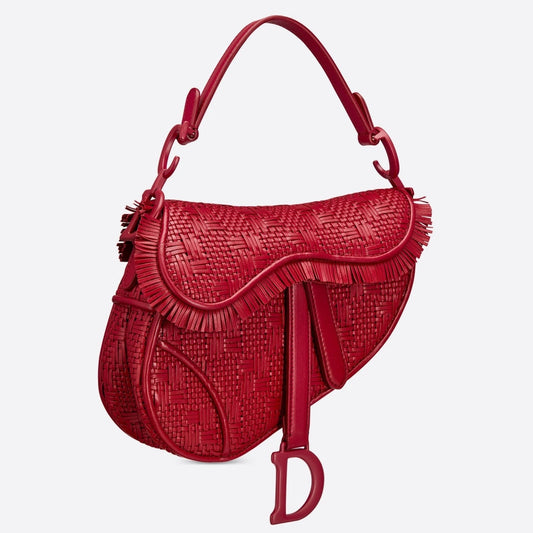 Luxury DiorSaddle Bag In Red Braided Leather Strips With Fringe