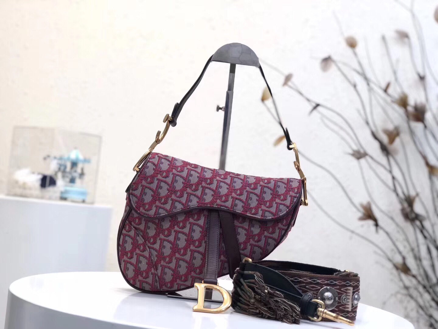 Luxury DiorSaddle Bag In Bordeaux Oblique Jacquard Canvas