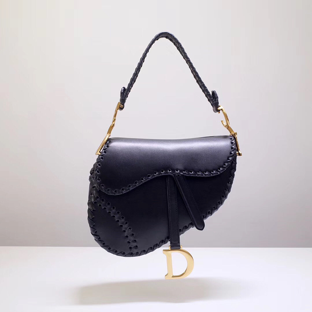 Luxury DiorSaddle Bag In Black Calfskin With Threaded Edges