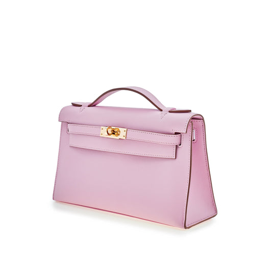 Luxury Hermes Kelly Pochette Mauve Sylvestre Swift Rose Gold Hardware