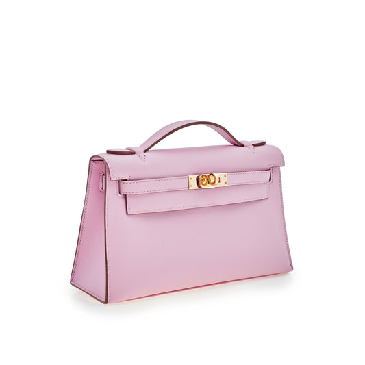 Luxury Hermes Kelly Pochette Mauve Sylvestre Swift Rose Gold Hardware