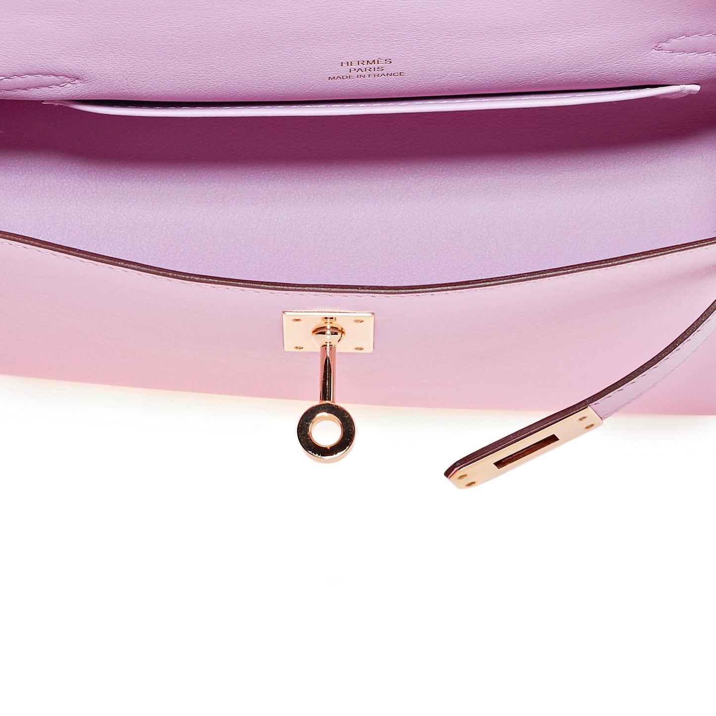 Luxury Hermes Kelly Pochette Mauve Sylvestre Swift Rose Gold Hardware